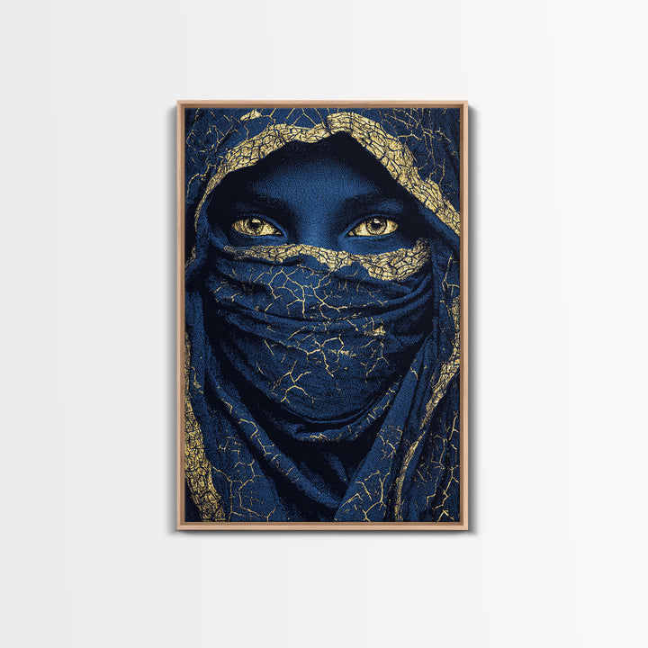Gold Cracked Indigo Veiled Woman Framed Canvas Print, African Woman Art, Black Goddess Art, Luxury Afrocentric Wall Decor