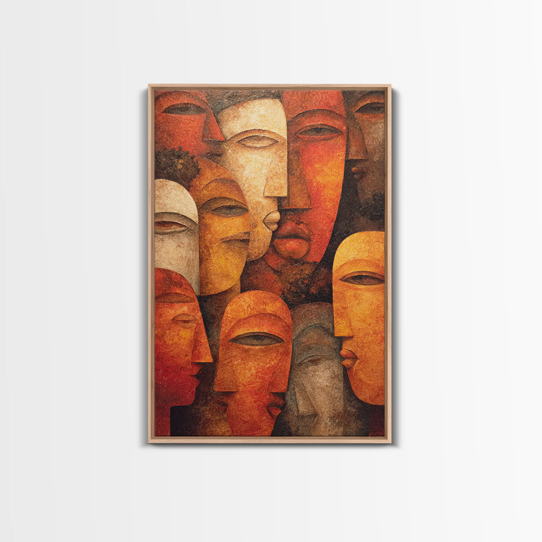 Layered African Mask Faces Wall Art, African Tribal Art, African Mask Art, Terracotta Abstract Canvas Print Cultural Decor