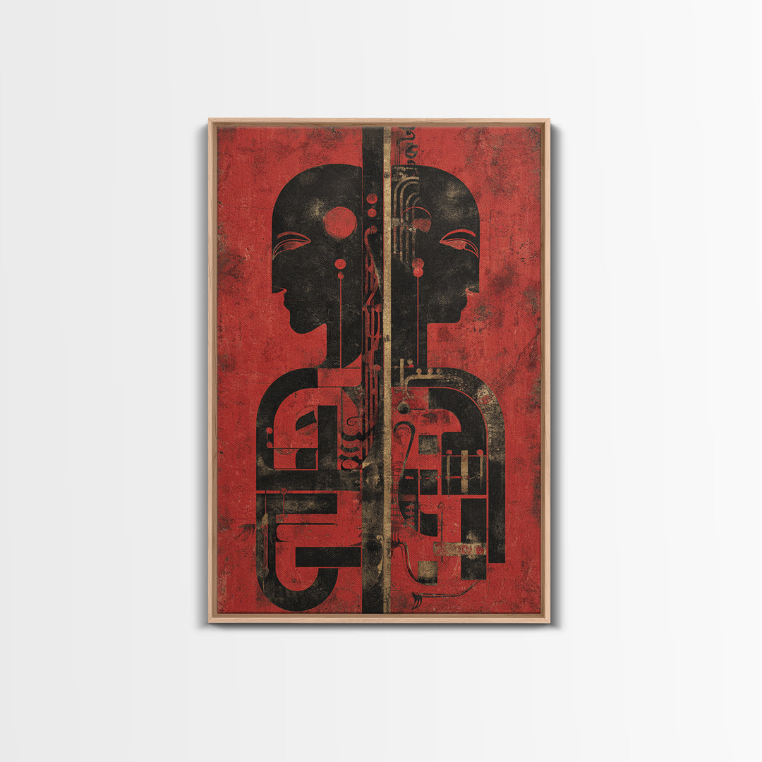 Red And Black Tribal Twin Profiles Wall Art, Abstract African Mask Portrait, Afrocentric Decor, Modern African Art Print