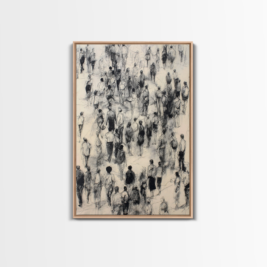 Monochrome Walking Crowd Wall Art, Black And White Figurative Sketch, Minimalist People Decor, Modern Office Art Print Gift
