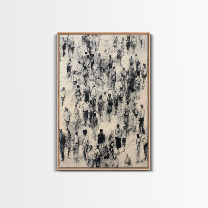 Monochrome Walking Crowd Wall Art, Black And White Figurative Sketch, Minimalist People Decor, Modern Office Art Print Gift