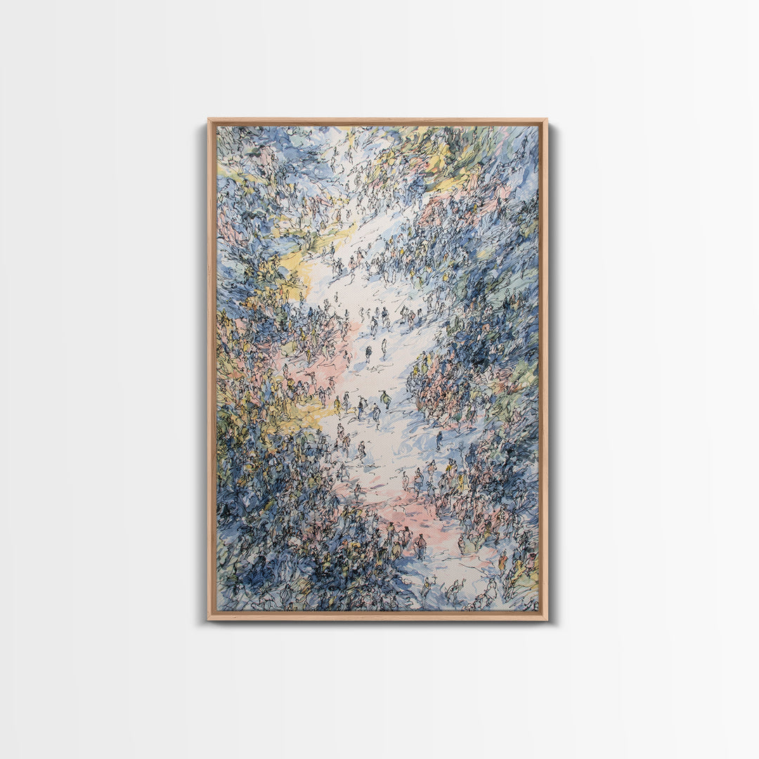 Pastel Valley Gathering Canvas Print, Dreamy Nature Scene With Tiny Figures, African Inspired Wall Decor, Unique Home Art