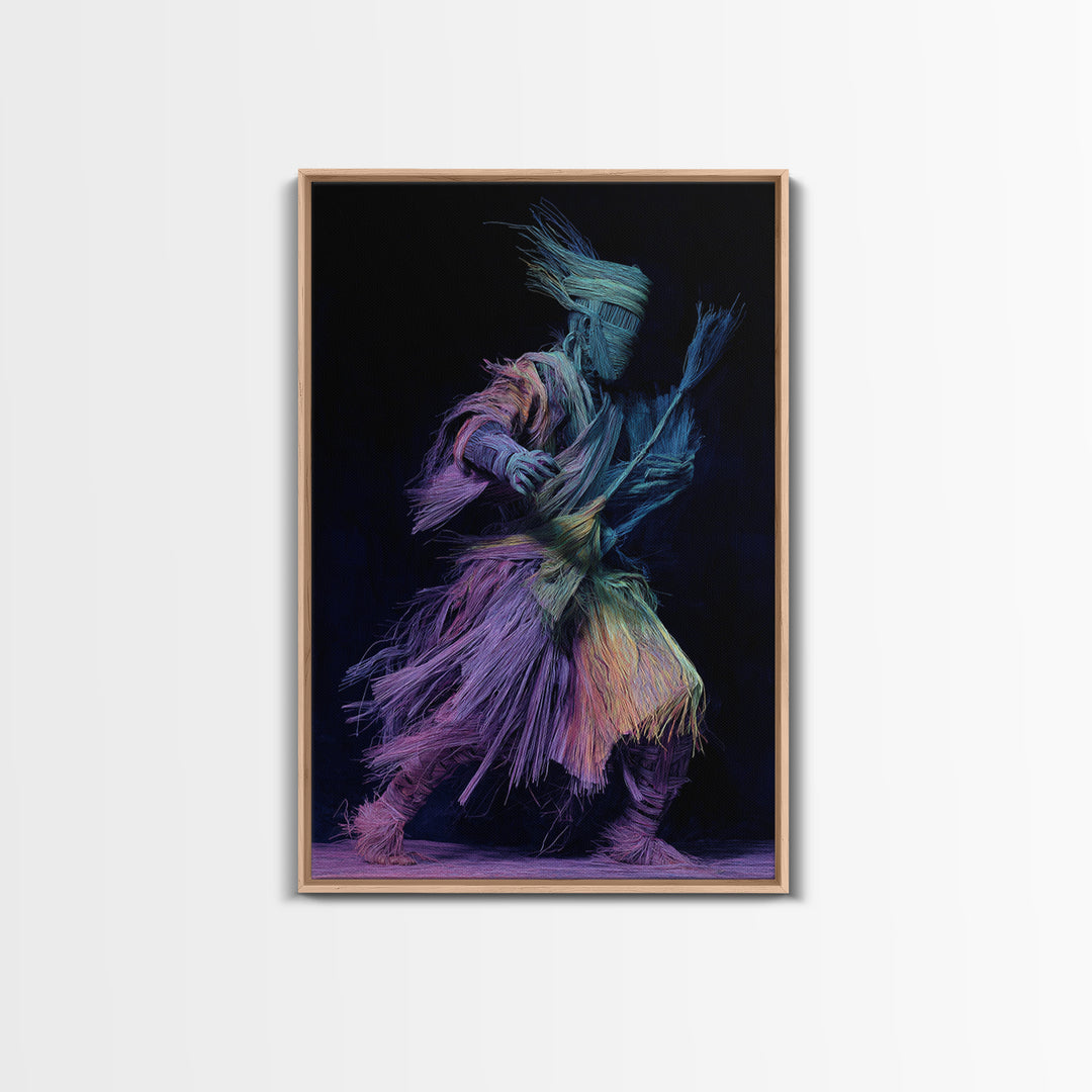 Masked Raffia Dancer In Neon Threads, African Wall Art, Tribal Dance Decor, Afrocentric Culture Print, Bold Home Decor Gift