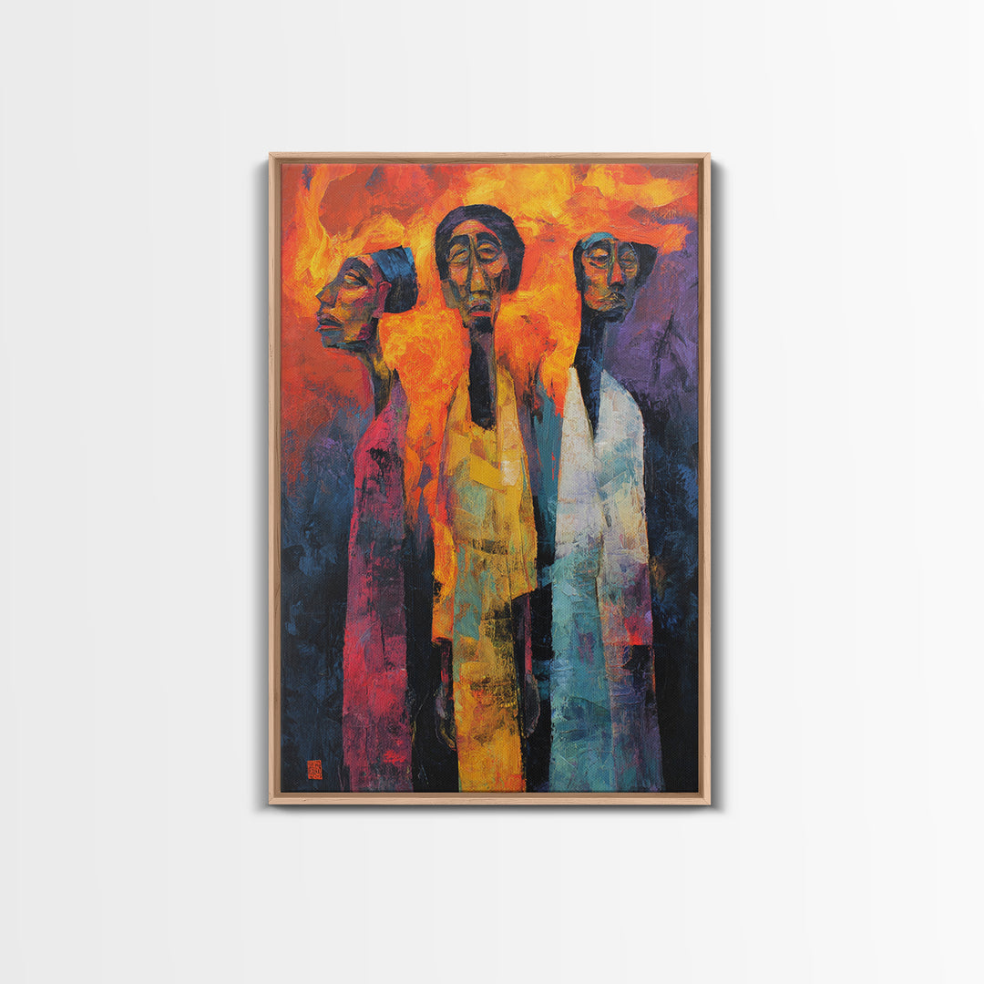 Fiery Three African Figures With Long Faces, Framed Canvas Print, Modern African Art, Black Culture Decor, Statement Wall Art
