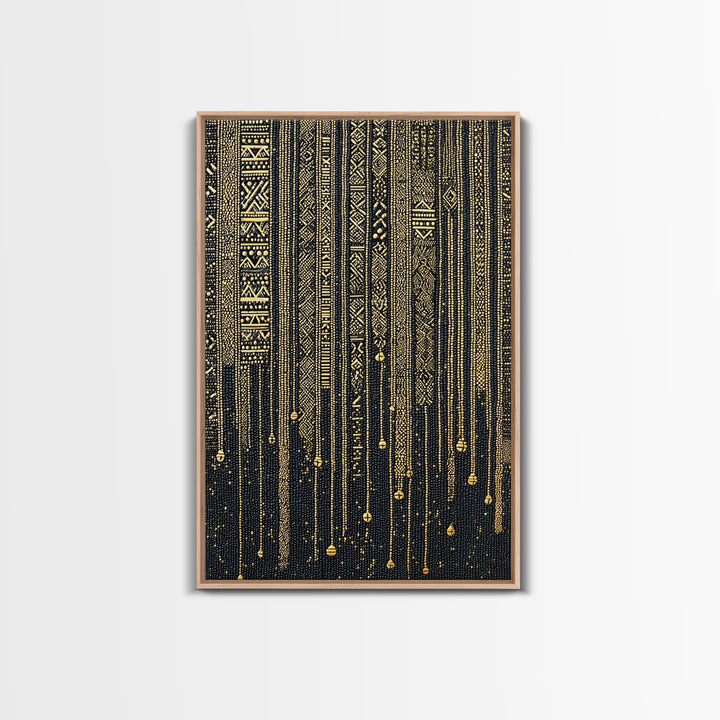 Black Gold Tribal Stripes Wall Art, African Pattern Framed Canvas Print, Elegant Textile Art, Luxury Home Decor Statement Piece