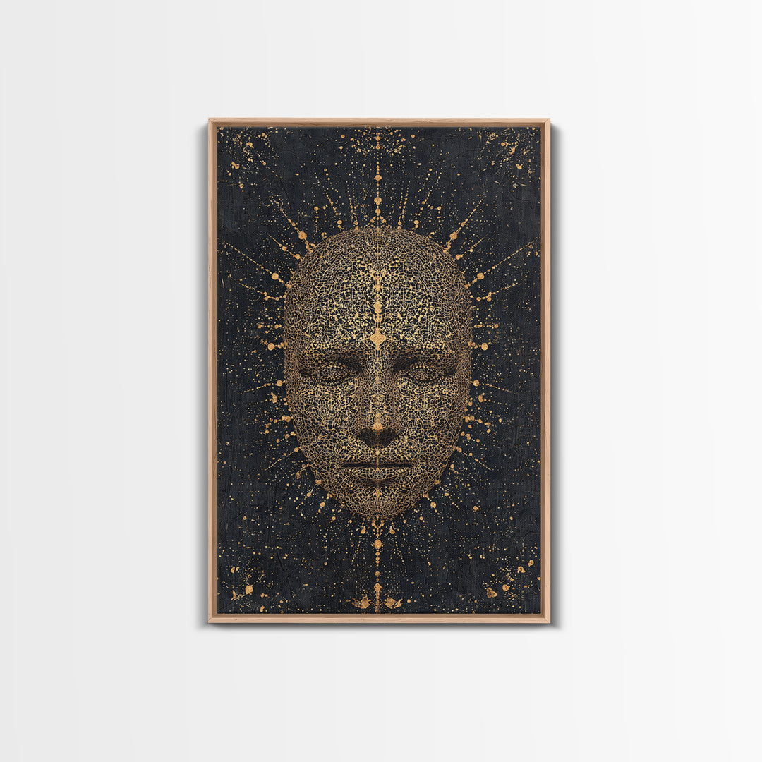 Gold Radiant African Mask Face Framed Canvas Print, Black And Gold Spiritual Wall Decor, Mystical Afrocentric Portrait Art