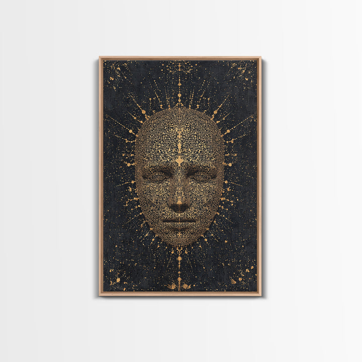 Gold Radiant African Mask Face Framed Canvas Print, Black And Gold Spiritual Wall Decor, Mystical Afrocentric Portrait Art