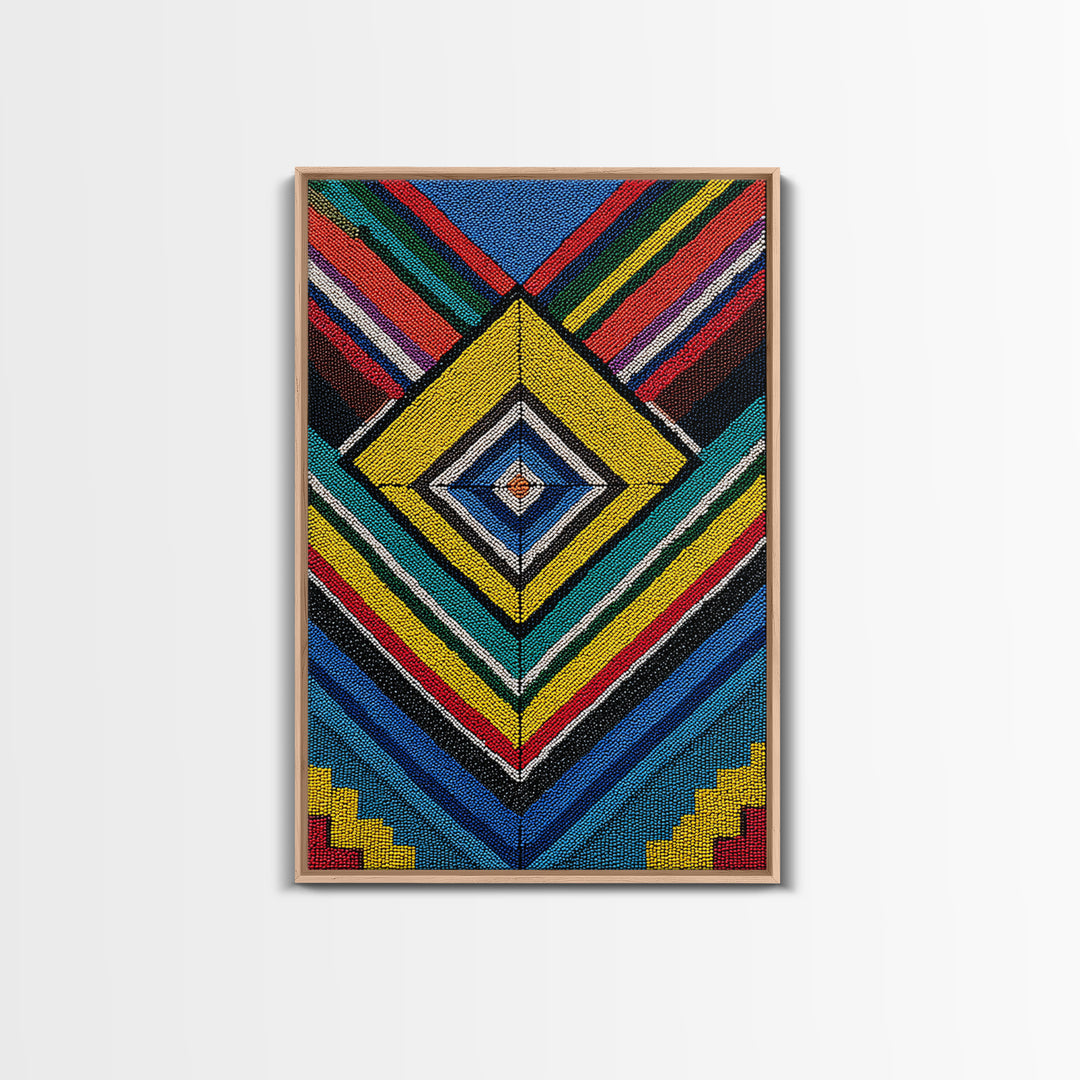 Beaded Diamond Geometric Tribal Wall Art, Colorful African Abstract Canvas Print, Bold Ethnic Pattern Living Room Decor Gift