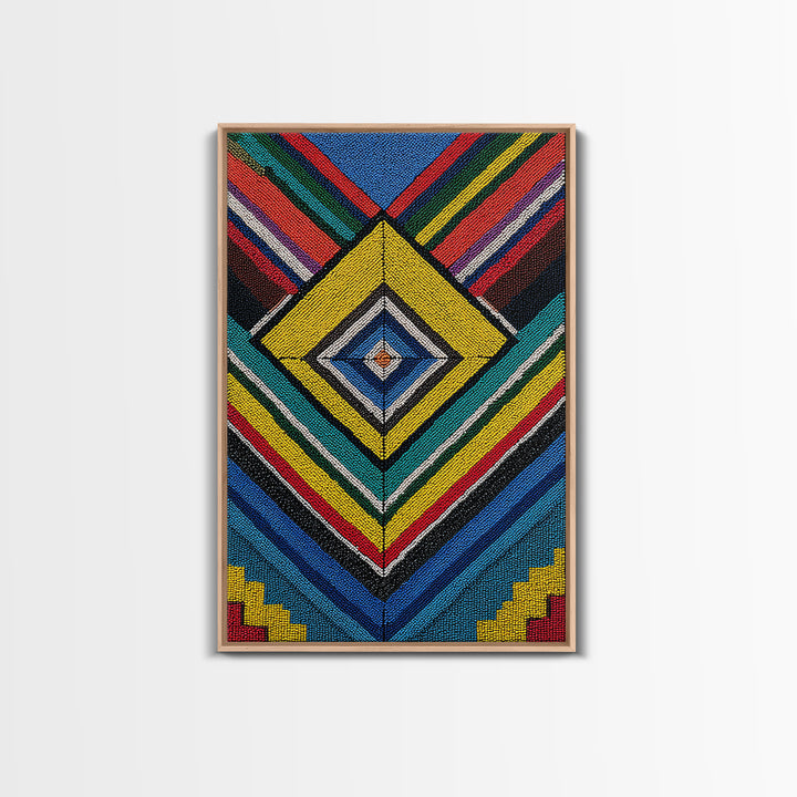 Beaded Diamond Geometric Tribal Wall Art, Colorful African Abstract Canvas Print, Bold Ethnic Pattern Living Room Decor Gift