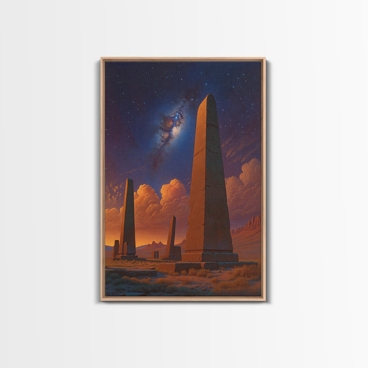 Ancient Desert Obelisks Under Stars Canvas Print, African Egyptian Art, Mystical Landscape Wall Decor, Stargazer Art Gift