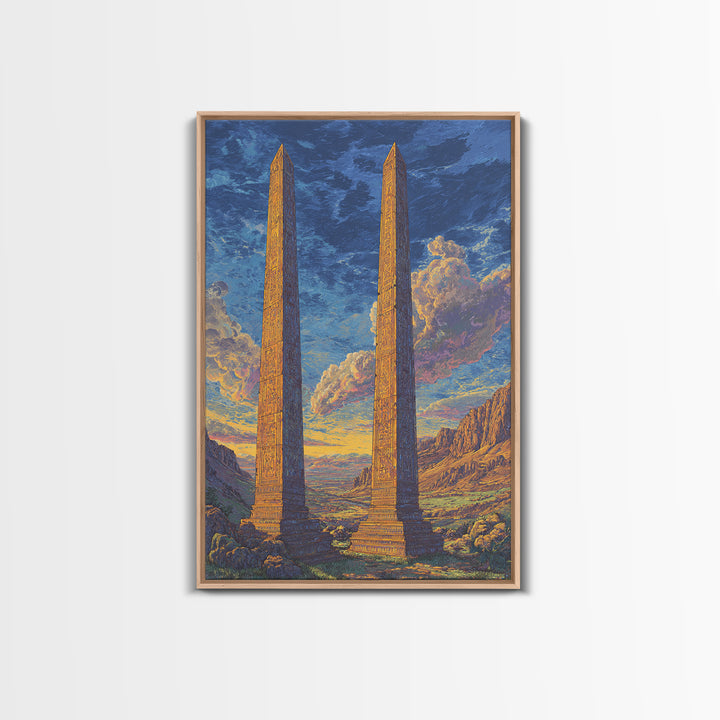Twin Ancient Obelisks At Sunset Framed Canvas Print, African Egyptian Art, Historic Monument Landscape Wall Decor Gift For Home