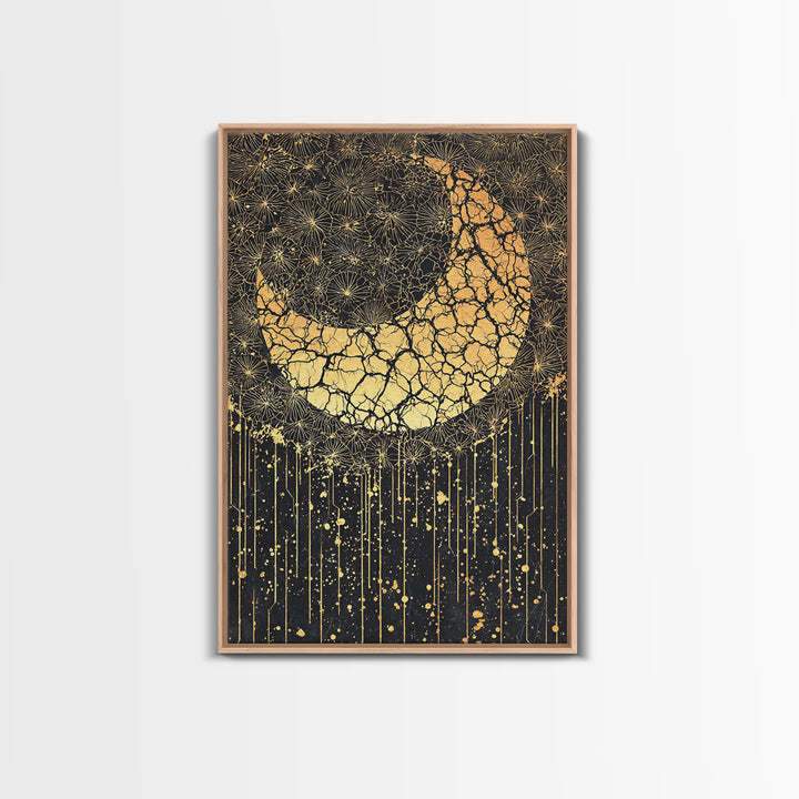 Cracked Gold Crescent Horn Abstract Wall Art, African Inspired Pattern Decor, Black And Gold Canvas Print For Boho Home Decor