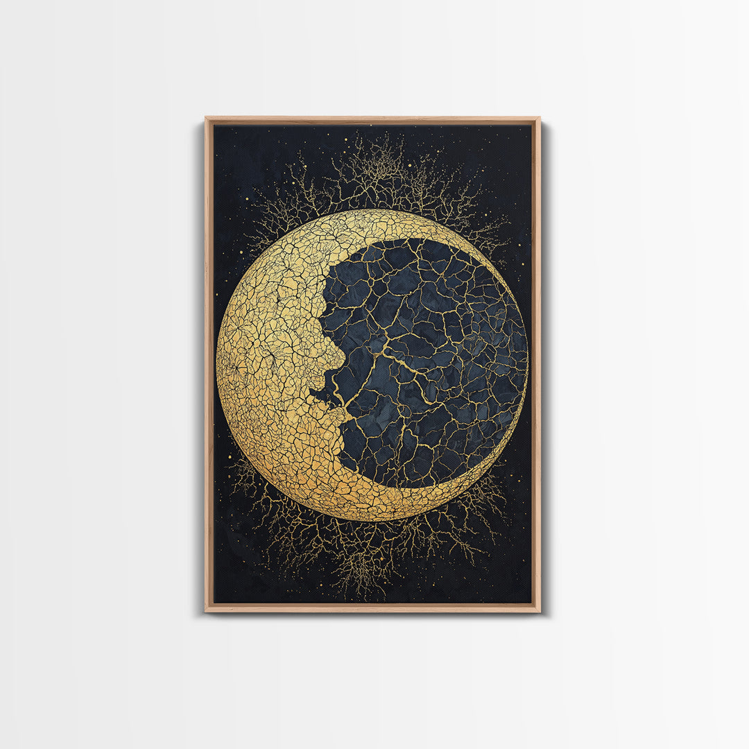 Cracked Gold Crescent Moon Wall Art, Mystical African Inspired Celestial Canvas Print, Black And Gold Spiritual Home Decor