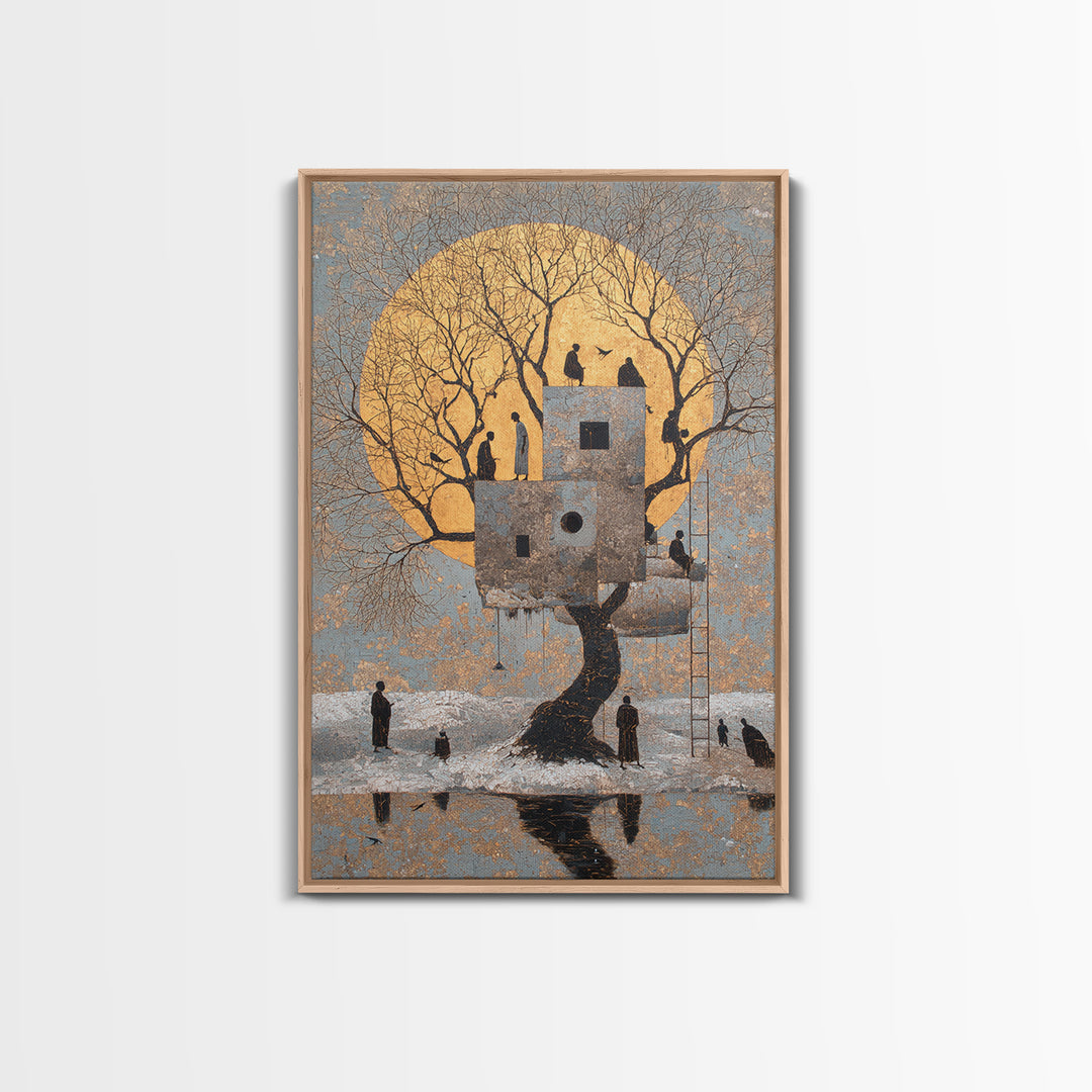 Surreal Moonlit Treehouse In Winter Wall Art, Dreamy Nature Scene Canvas Print, Whimsical Figures And Storybook Decor For Home