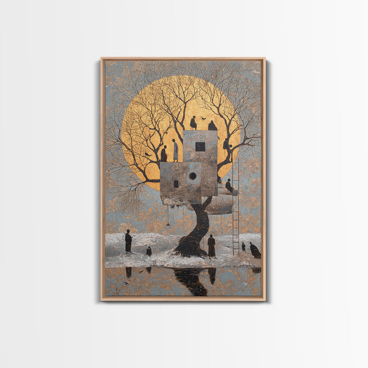 Surreal Moonlit Treehouse In Winter Wall Art, Dreamy Nature Scene Canvas Print, Whimsical Figures And Storybook Decor For Home