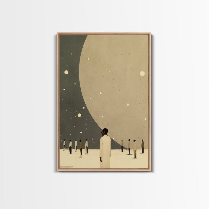 Minimalist Figures Beneath Giant Moon Wall Art, Modern Black Art Canvas Print, Dreamy Celestial Neutral Home Decor For Living Room