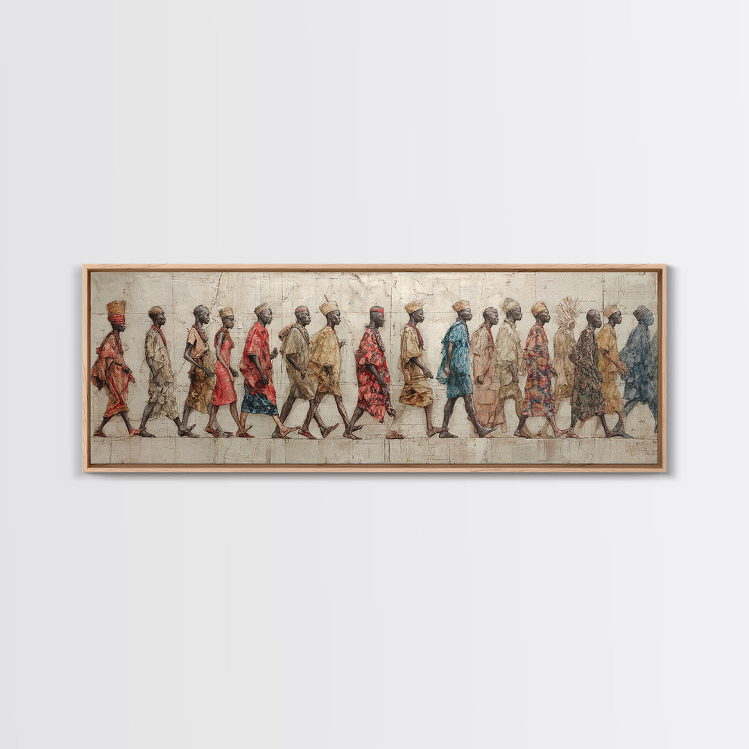 Walking African Village Procession Wall Art, Textured Cultural People Print, Panoramic Afrocentric Home Decor Gift For Hallway