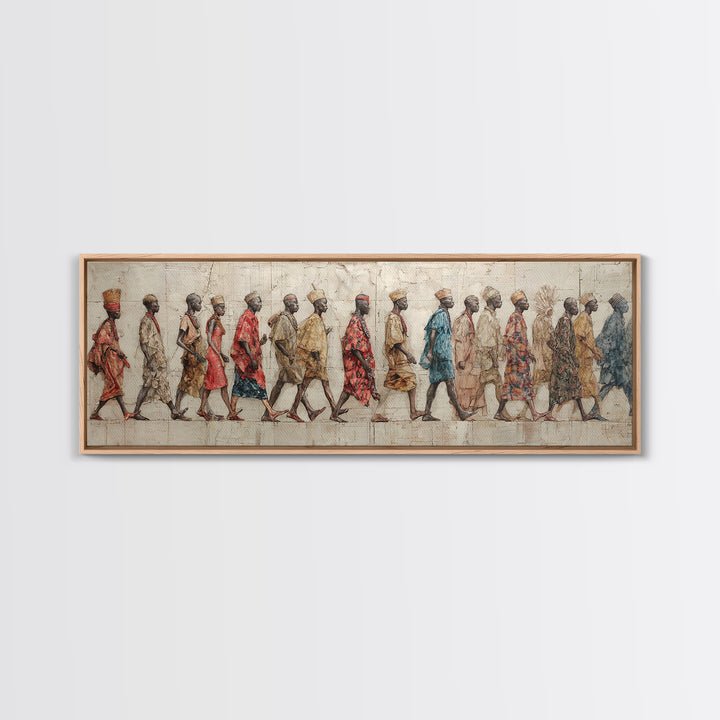 Walking African Village Procession Wall Art, Textured Cultural People Print, Panoramic Afrocentric Home Decor Gift For Hallway