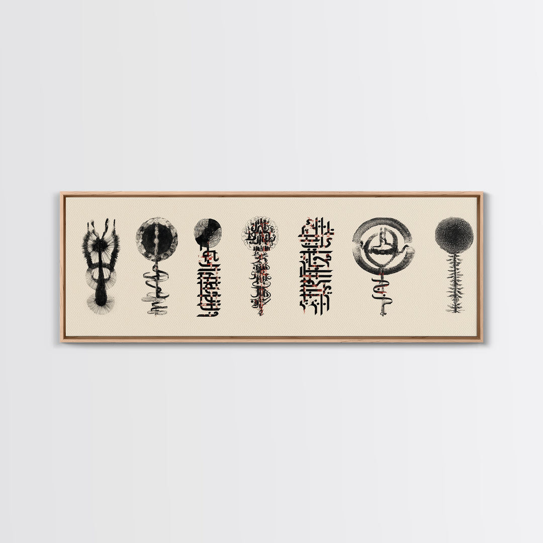 Ancient African Symbol Study Wall Art, Black Ink Tribal Mask Motifs, Minimalist Cultural Poster For Office And Home Decor