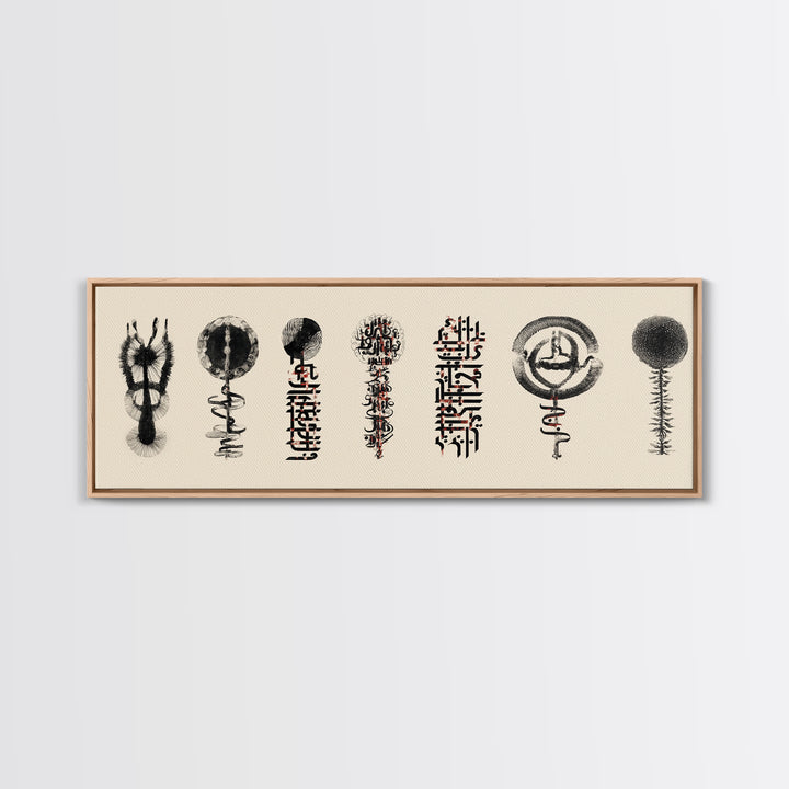 Ancient African Symbol Study Wall Art, Black Ink Tribal Mask Motifs, Minimalist Cultural Poster For Office And Home Decor