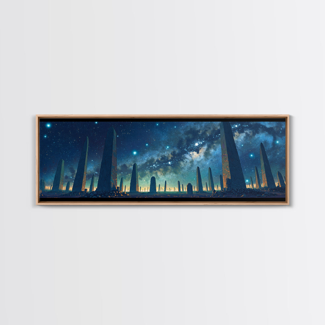 Futuristic Starry Obelisks Wall Art, African Egyptian Art, Cosmic Landscape Canvas Print, Mystical Blue Night Sky Office Decor