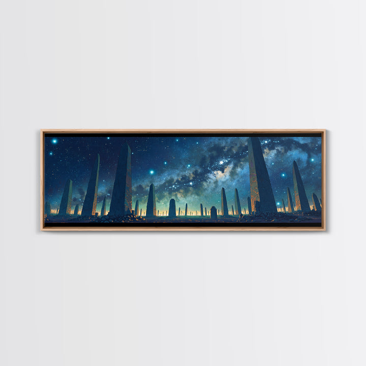 Futuristic Starry Obelisks Wall Art, African Egyptian Art, Cosmic Landscape Canvas Print, Mystical Blue Night Sky Office Decor