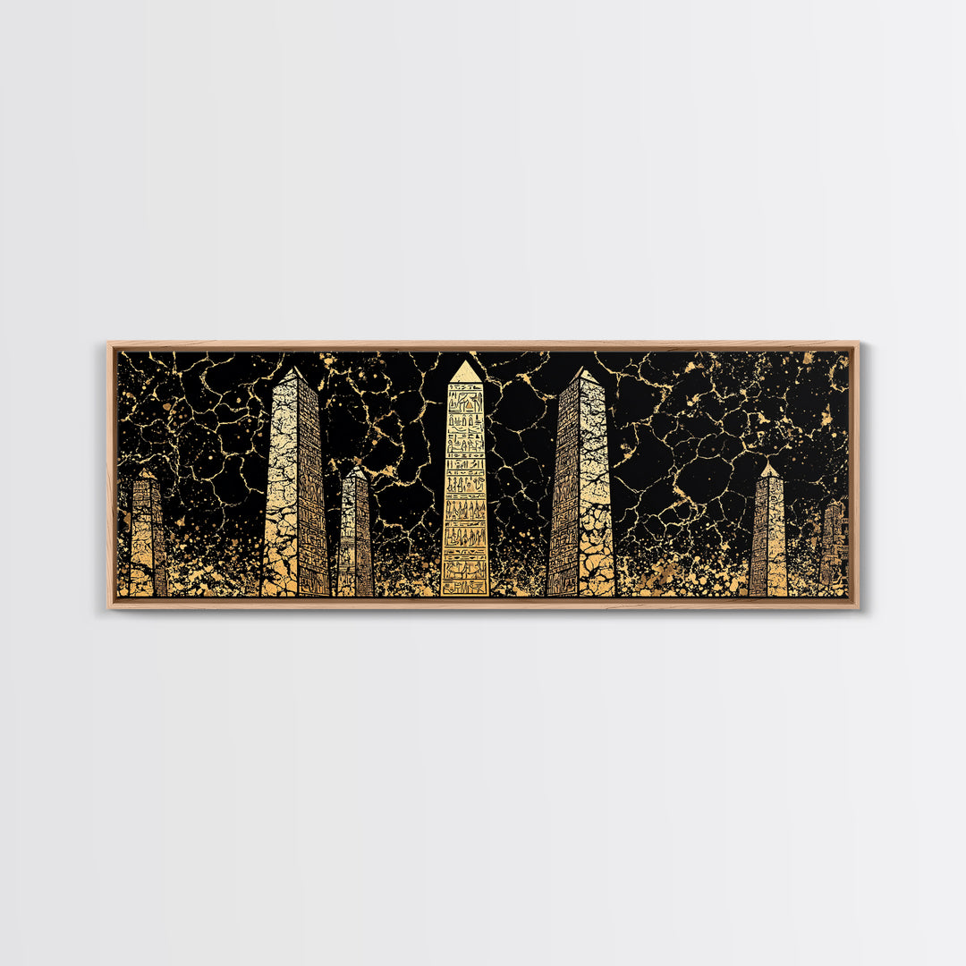Gold Hieroglyph Obelisks Wall Art, African Egyptian Art, Black Gold Canvas Print, Ancient Symbols Cultural Statement Decor