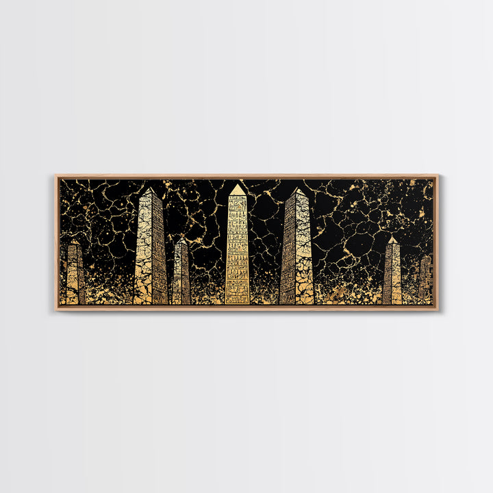 Gold Hieroglyph Obelisks Wall Art, African Egyptian Art, Black Gold Canvas Print, Ancient Symbols Cultural Statement Decor