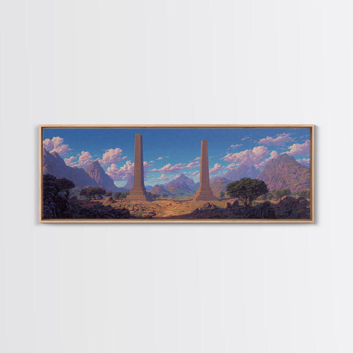 Twin Obelisks In Mountain Valley Framed Canvas Print, African Landscape, Africa Art Print, Statement Wall Art, Home Decor Gift