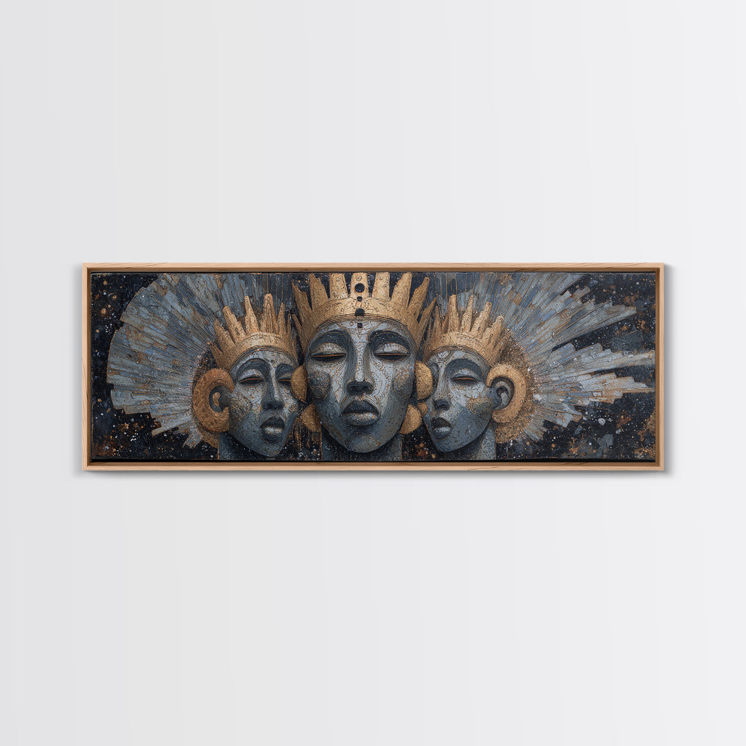 Regal Three African Goddess Faces Framed Canvas Print, African Women Art, Black Goddess Art, Gold Jewelry Canvas, Wall Decor