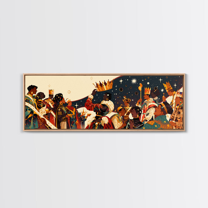Royal African Celebration Under Stars Wall Art, Afrocentric Crown Ceremony, Black Culture Art, Panoramic Living Room Decor