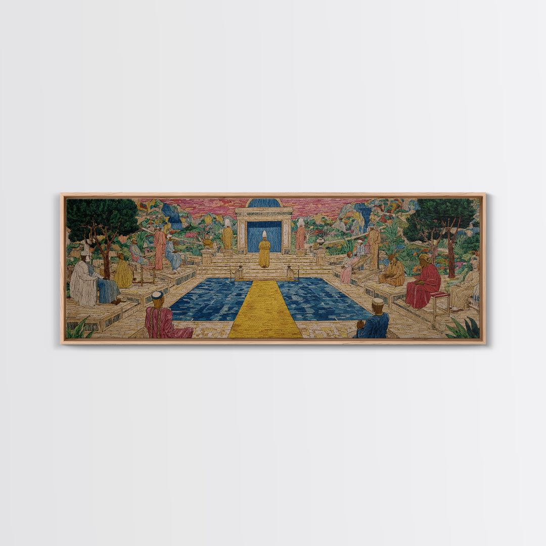 Golden Temple Garden Courtyard Canvas Print, African Inspired Landscape, Sacred Pathway Wall Decor, Elegant Home Art Gift