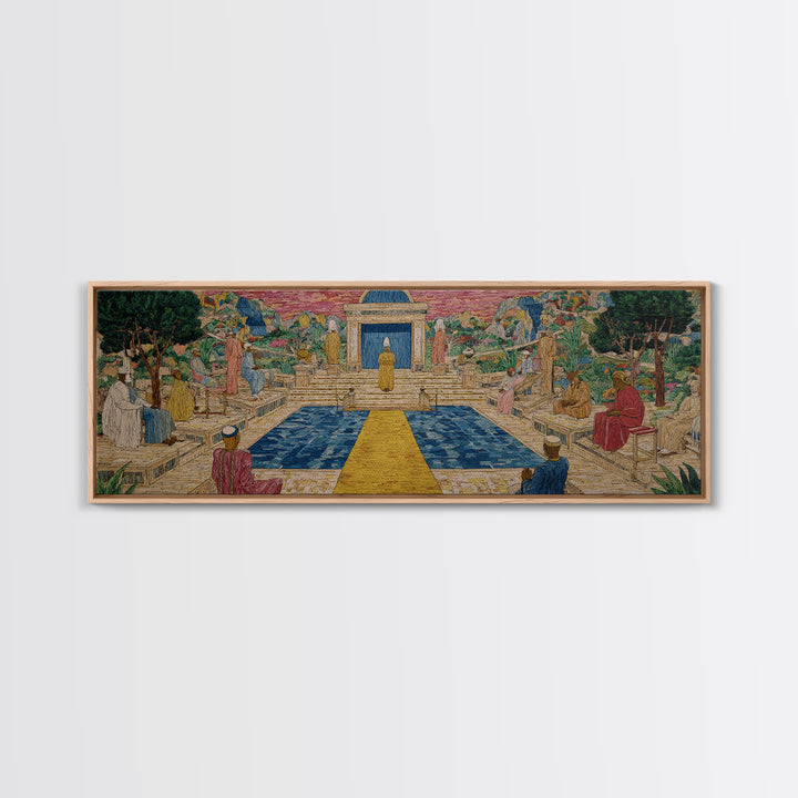 Golden Temple Garden Courtyard Canvas Print, African Inspired Landscape, Sacred Pathway Wall Decor, Elegant Home Art Gift