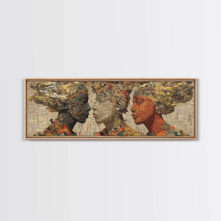 Textured African Women Profiles Framed Canvas Print, Earth Tone Black Female Art, Elegant Afrocentric Wall Decor Portrait Gift