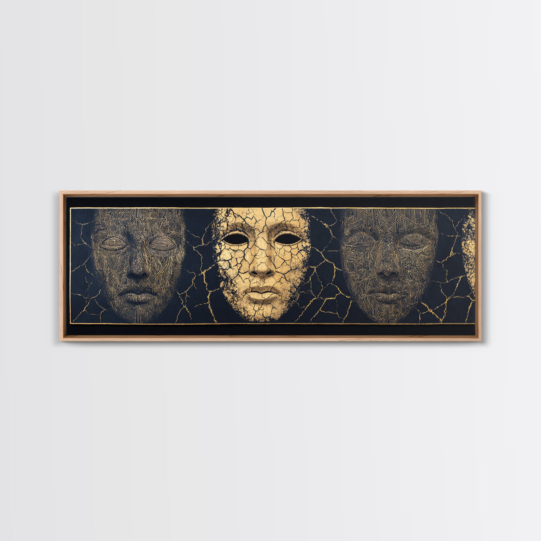 Gold And Black Ancient Mask Triptych Wall Art, Cracked Texture Faces, African Tribal Decor, Dramatic Cultural Canvas Gift