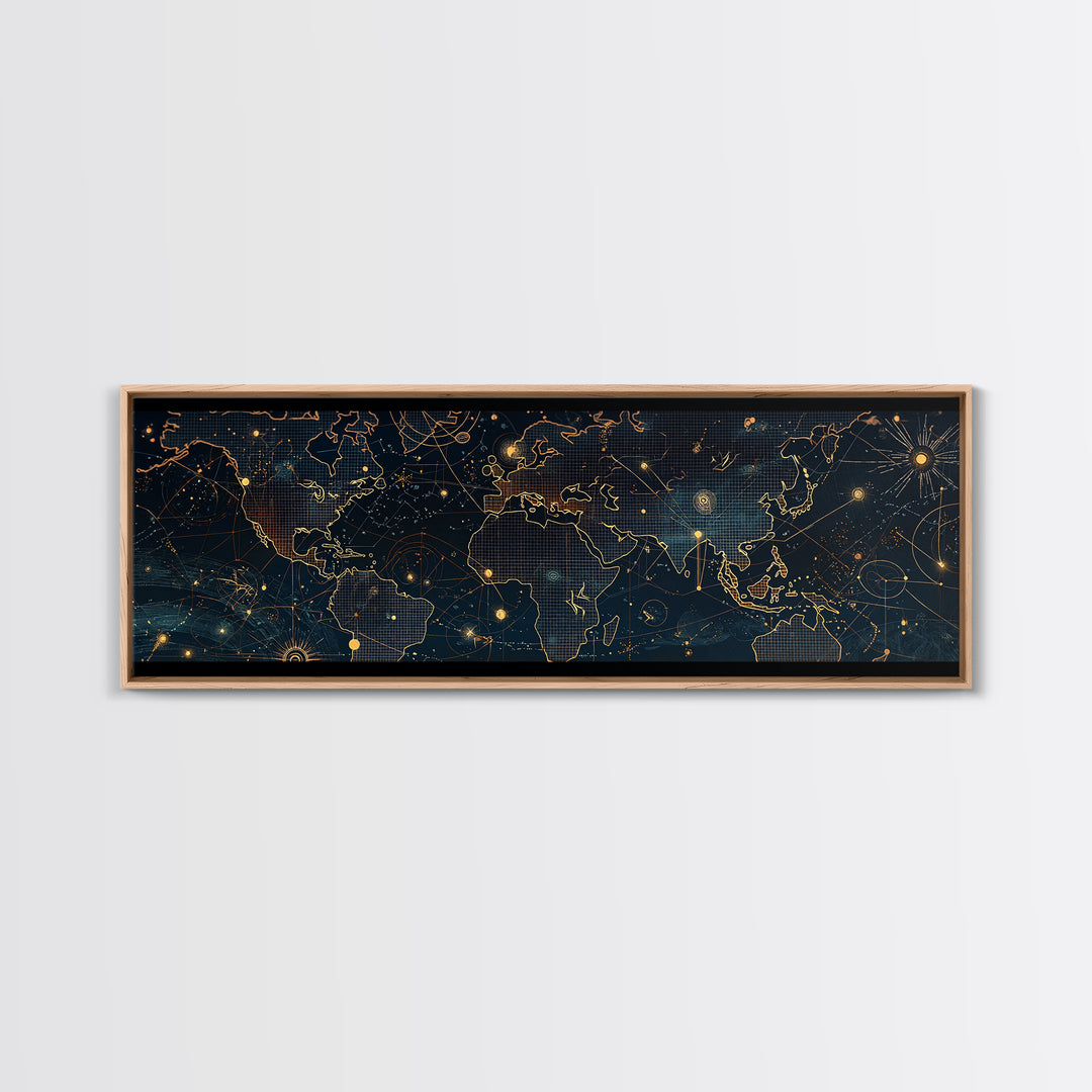 Dark Celestial World Map Wall Art, Gold Constellation Canvas Print, Modern Office Decor, Abstract Travel Home Decor, Housewarming Gift