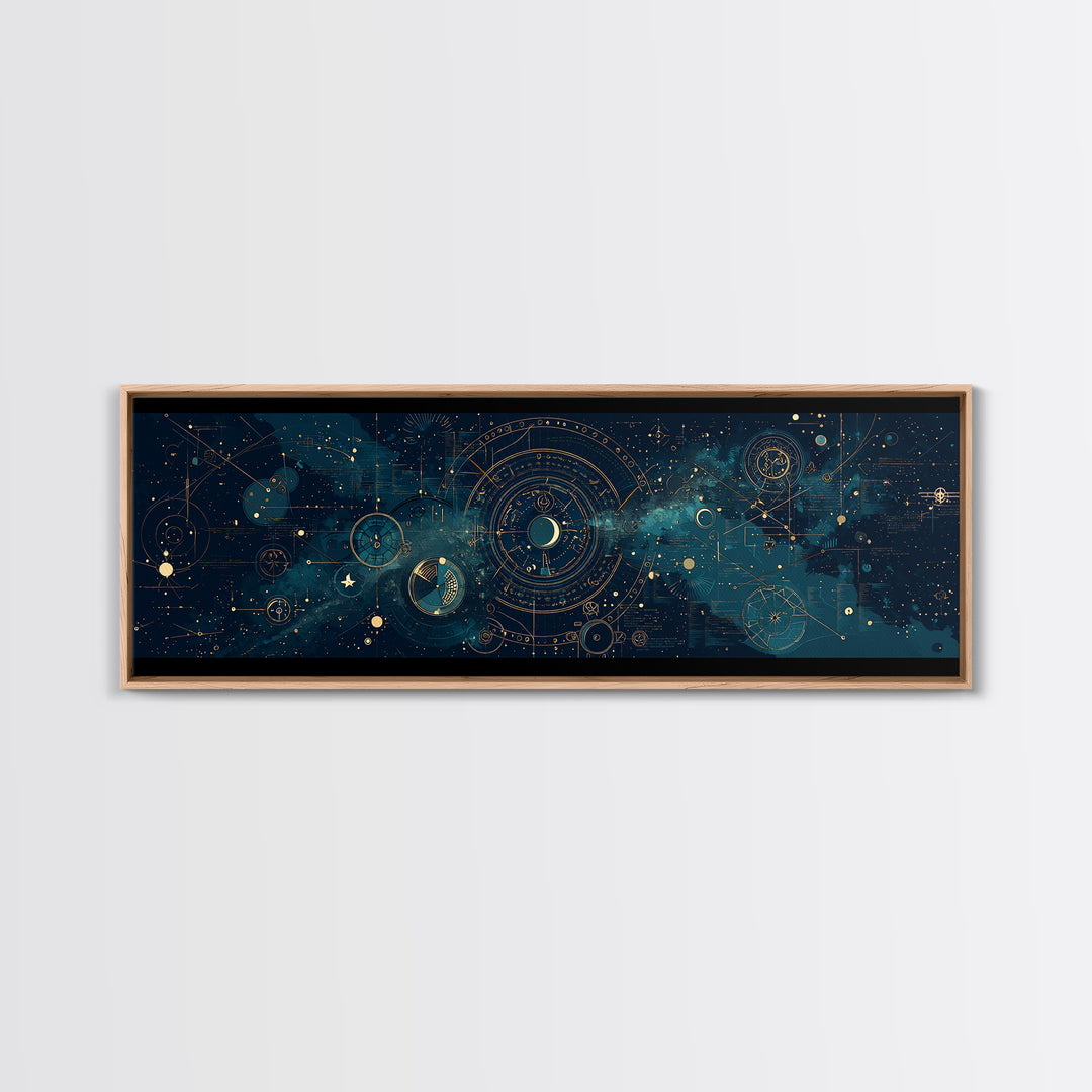 Teal Galactic Blueprint Astrolabe Framed Canvas Print, Geometric Wall Art, Modern Canvas Art, Celestial Office Decor, Unique Home Decor