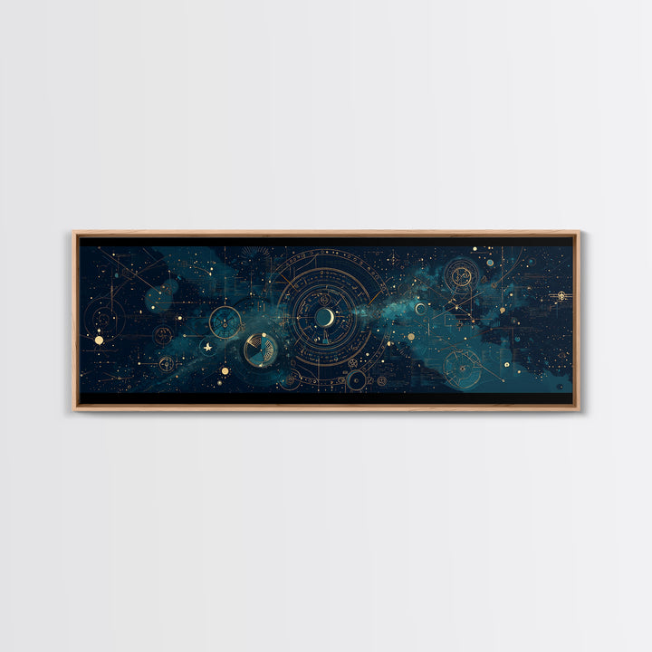 Teal Galactic Blueprint Astrolabe Framed Canvas Print, Geometric Wall Art, Modern Canvas Art, Celestial Office Decor, Unique Home Decor