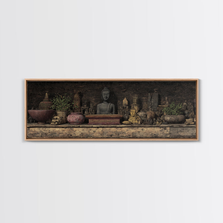 Buddha Shrine Shelf With Plants And Artifacts Wall Art, African Inspired Boho Decor, Rustic Spiritual Living Room Canvas