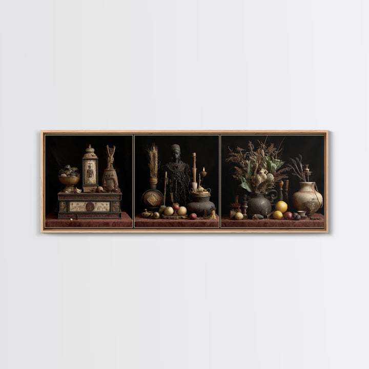 African Statue Still Life Triptych Canvas Print, Tribal Art Decor, Rustic Vessels Fruit And Botanicals, Elegant Home Decor