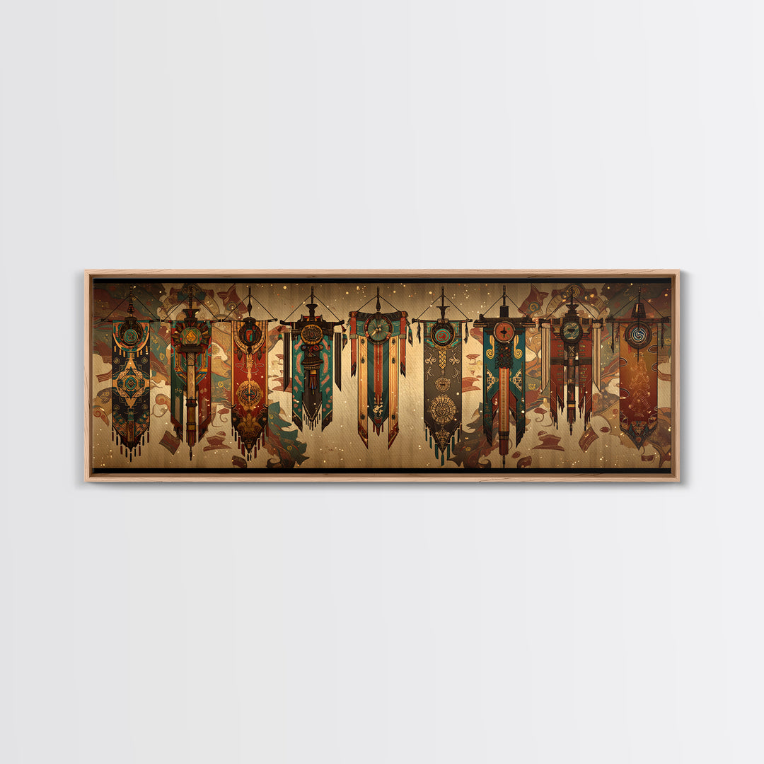 African Tribal Hanging Banners With Symbols Framed Canvas Print, Ethnic Wall Decor, Boho Patterns, Cultural Home Decor For Living Room