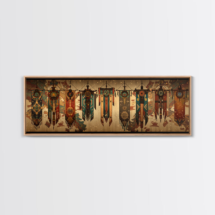 African Tribal Hanging Banners With Symbols Framed Canvas Print, Ethnic Wall Decor, Boho Patterns, Cultural Home Decor For Living Room