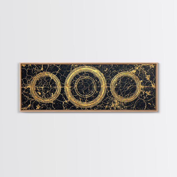 Gold Concentric Circles On Black Cracked Stone Wall Art, Geometric Canvas Print, Modern Luxury Decor, Abstract Pattern Art