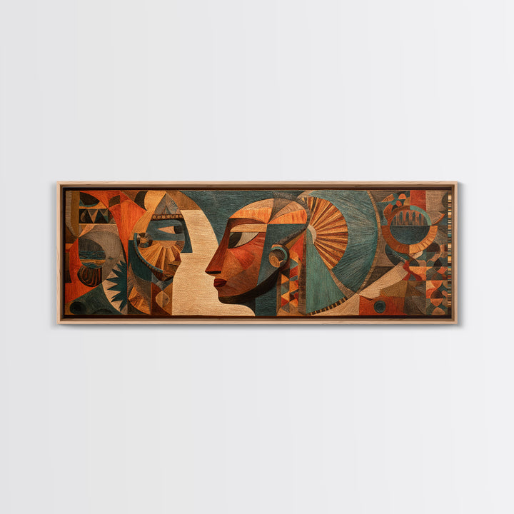 Cubist African Woman Profile Wall Art, Earth Tone Tribal Portrait, Abstract African Art Decor, Panoramic Canvas Print Gift