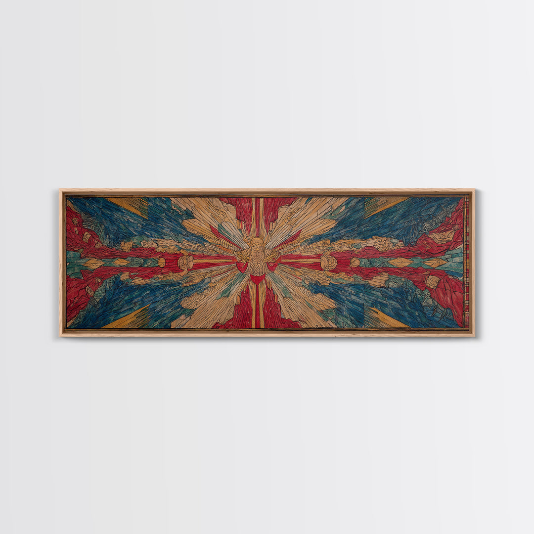 Radiant Dove Cross Abstract Wall Art, Red Blue Spiritual Canvas Print, Contemporary African Inspired Decor, Statement Gift