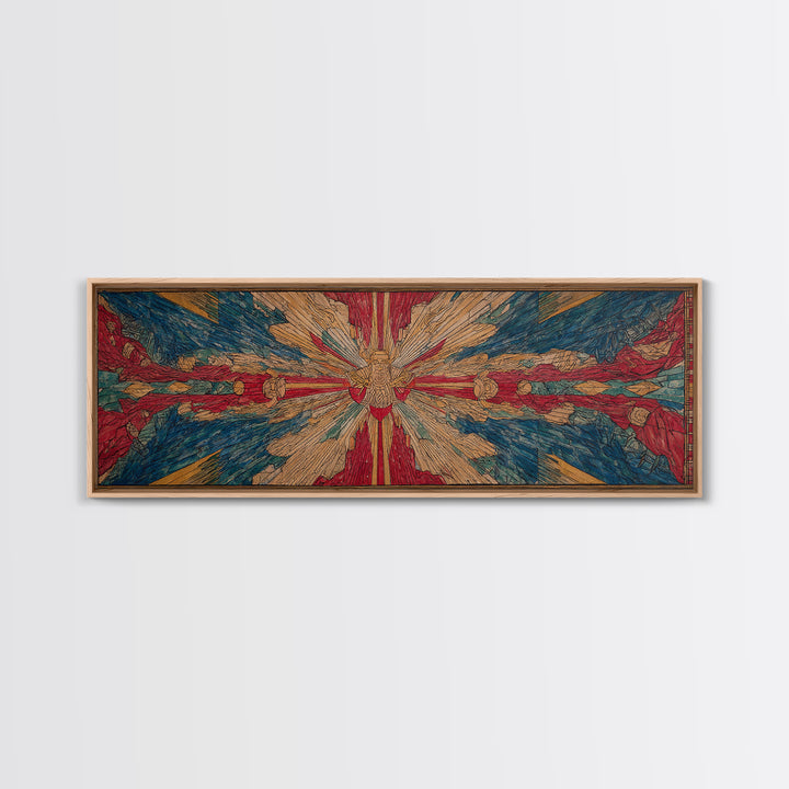 Radiant Dove Cross Abstract Wall Art, Red Blue Spiritual Canvas Print, Contemporary African Inspired Decor, Statement Gift