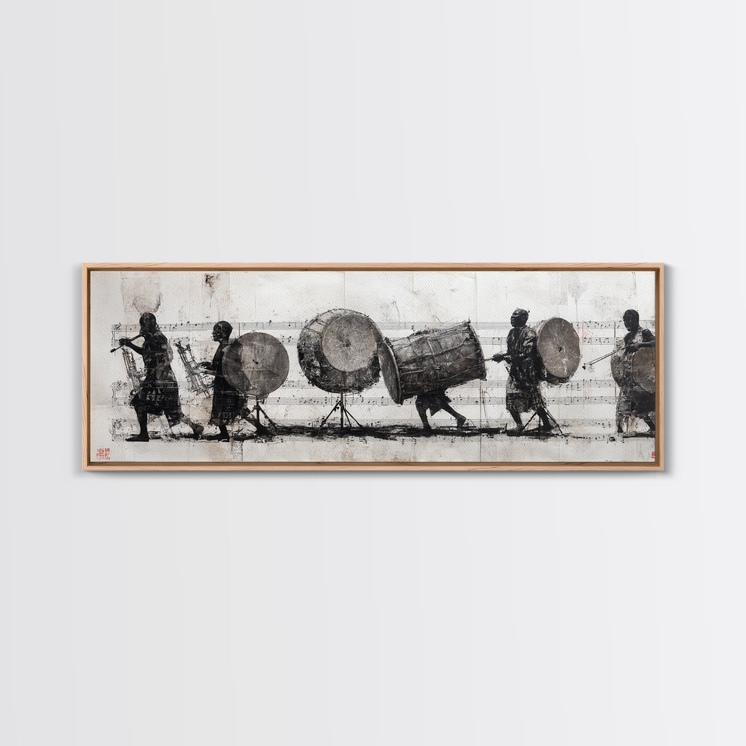 Monochrome African Drummers Wall Art, Tribal Music Procession Canvas Print, Cultural Black Art For Home Office Decor Gift