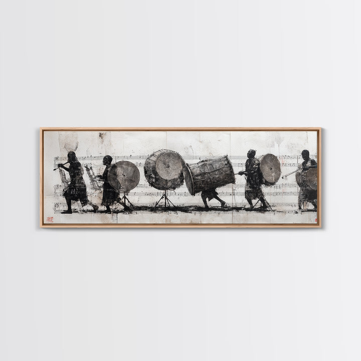 Monochrome African Drummers Wall Art, Tribal Music Procession Canvas Print, Cultural Black Art For Home Office Decor Gift
