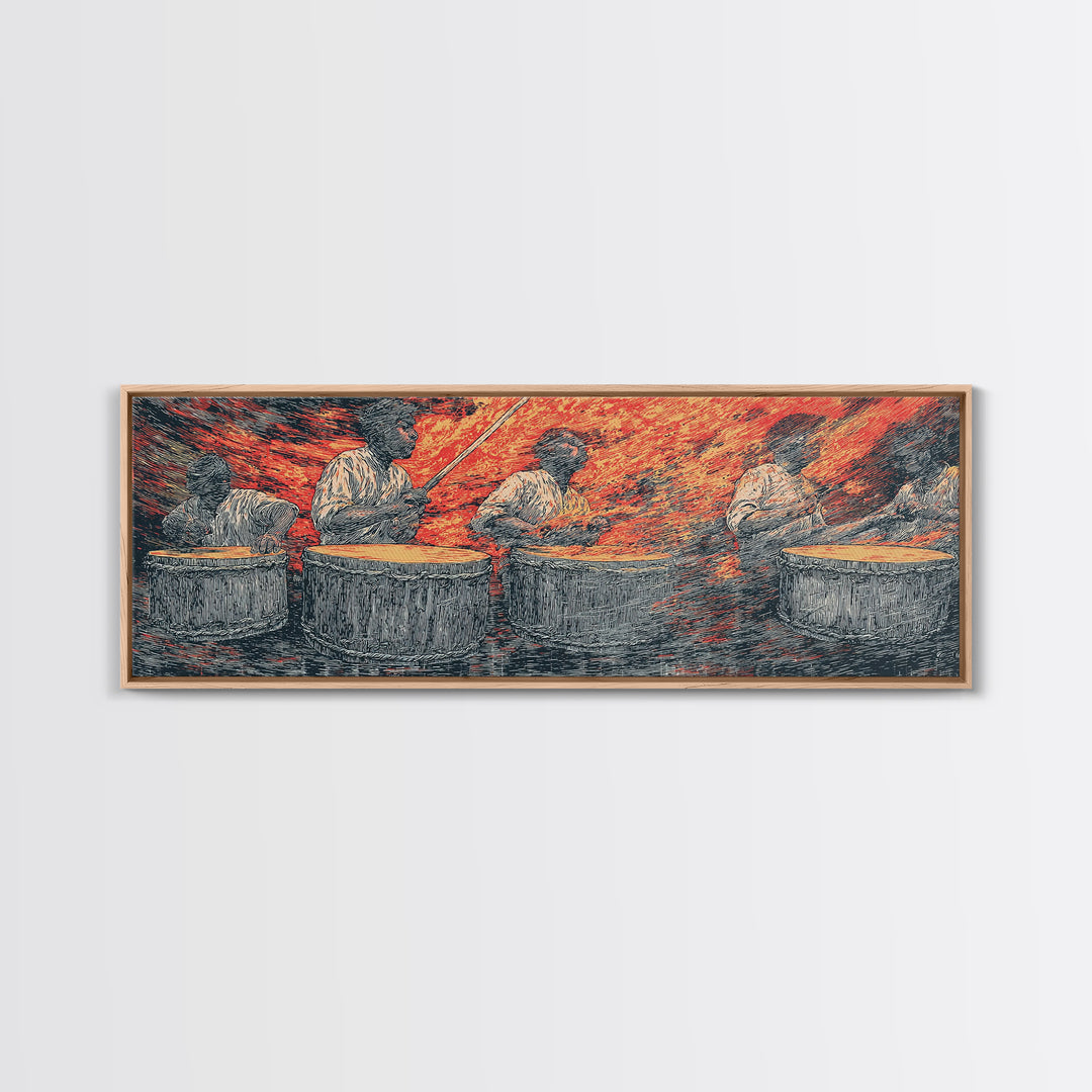Fiery African Drummers Canvas Print, Red Orange Tribal Music Wall Art, Afrocentric Abstract Art For Bold Home Decor Gift