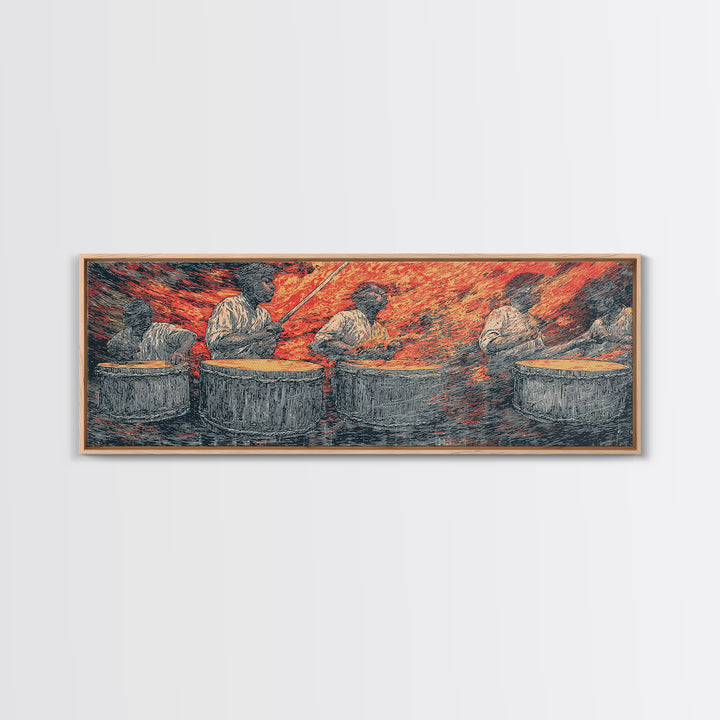 Fiery African Drummers Canvas Print, Red Orange Tribal Music Wall Art, Afrocentric Abstract Art For Bold Home Decor Gift